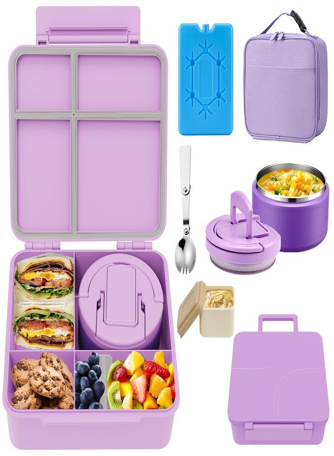 MAXSO Bento Lunch Box Set with 8 oz Soup Thermo, Kids Leakproof 4 Compartments Hot Food Container with Sauce Cup, Ice Pack and Lunch Bag, Child Insulated Food Jar for School - Purple - Image 1